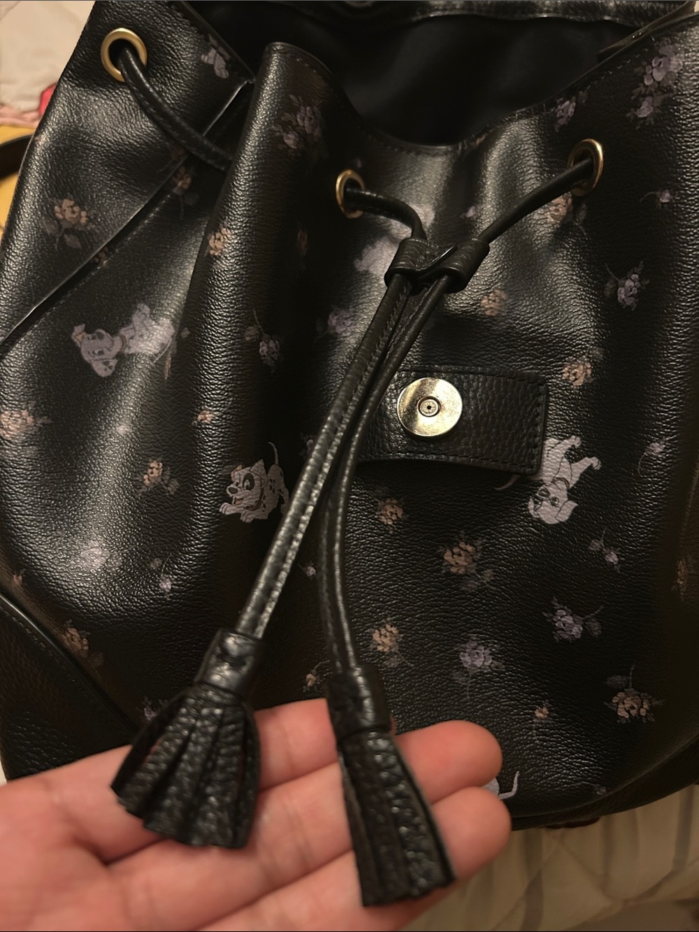 101 Dalmatian Coach Black Leather Backpack with Lavender & Floral Print - Picture 10 of 16